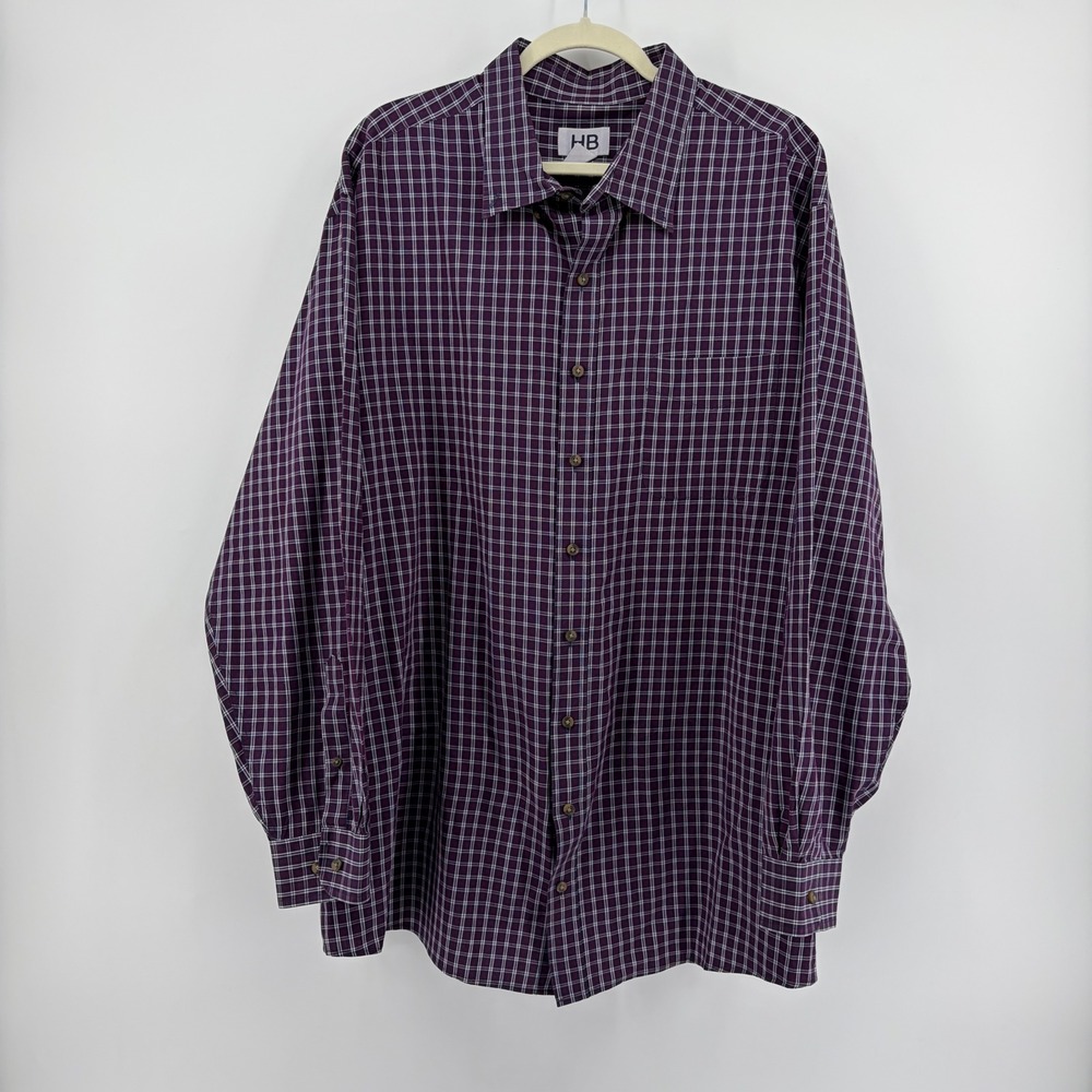HB Harbor Bay Mens 2XLT Burgundy Plaid Button Up Shirt Long Sleeve Chest Pocket